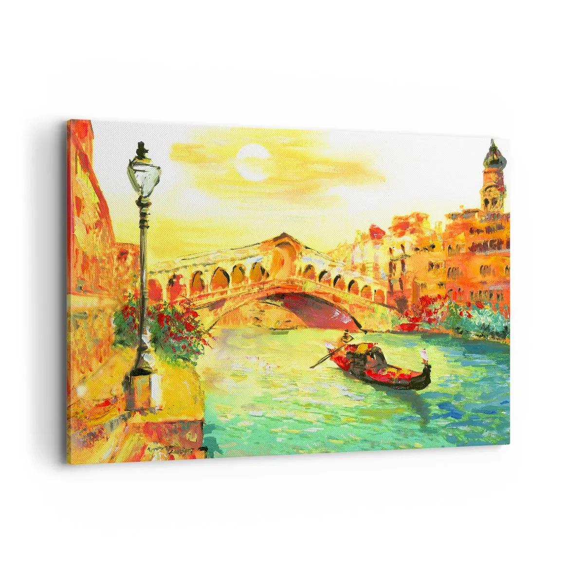 Quadro su tela - Stampe su Tela - Un pittoresco ponte sul canale con una gondola alla luce del sole al tramonto - 120x80cm - Il pellegrinaggio degli innamorati - Decorazione murale moderna per soggiorno e camera da letto ARTTOR