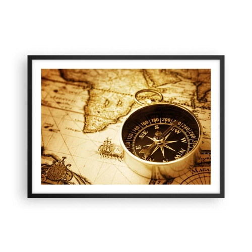 Poster in cornice nera - Una bussola antica sullo sfondo di una vecchia mappa del mondo - 70x50cm - A est o a ovest? - Decorazione murale moderna per soggiorno e camera da letto ARTTOR