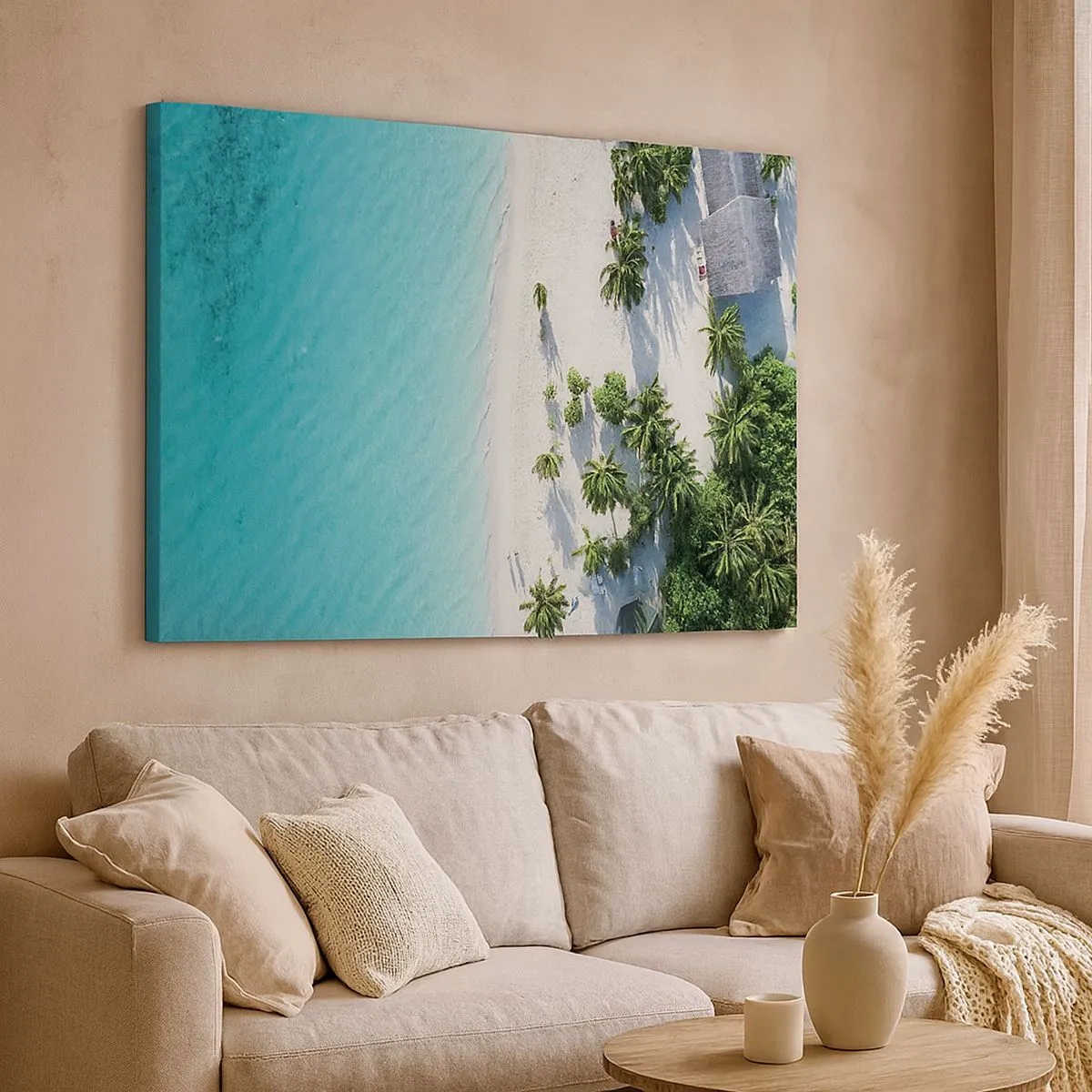 Quadro su tela - Stampe su Tela - Una vista a volo d'uccello di una spiaggia tropicale con acqua turchese e palme - 70x50cm - Vacanze in paradiso - Decorazione murale moderna per soggiorno e camera da letto ARTTOR