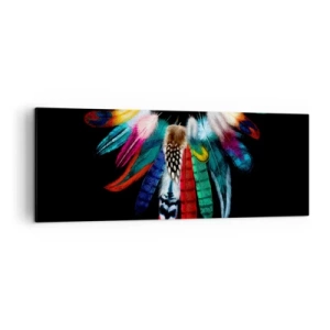 Quadro su tela - Stampe su Tela - Piume colorate su sfondo nero in una composizione artistica - 140x50cm - Collana indiana - Decorazione murale moderna per soggiorno e camera da letto ARTTOR