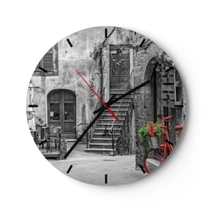Orologio da parete - Orologio in Vetro - Strada bianca e nera con una bicicletta rossa e fiori - 30x30cm - Angolo toscano - Decorazione murale moderna per soggiorno, cucina e camera da letto ARTTOR