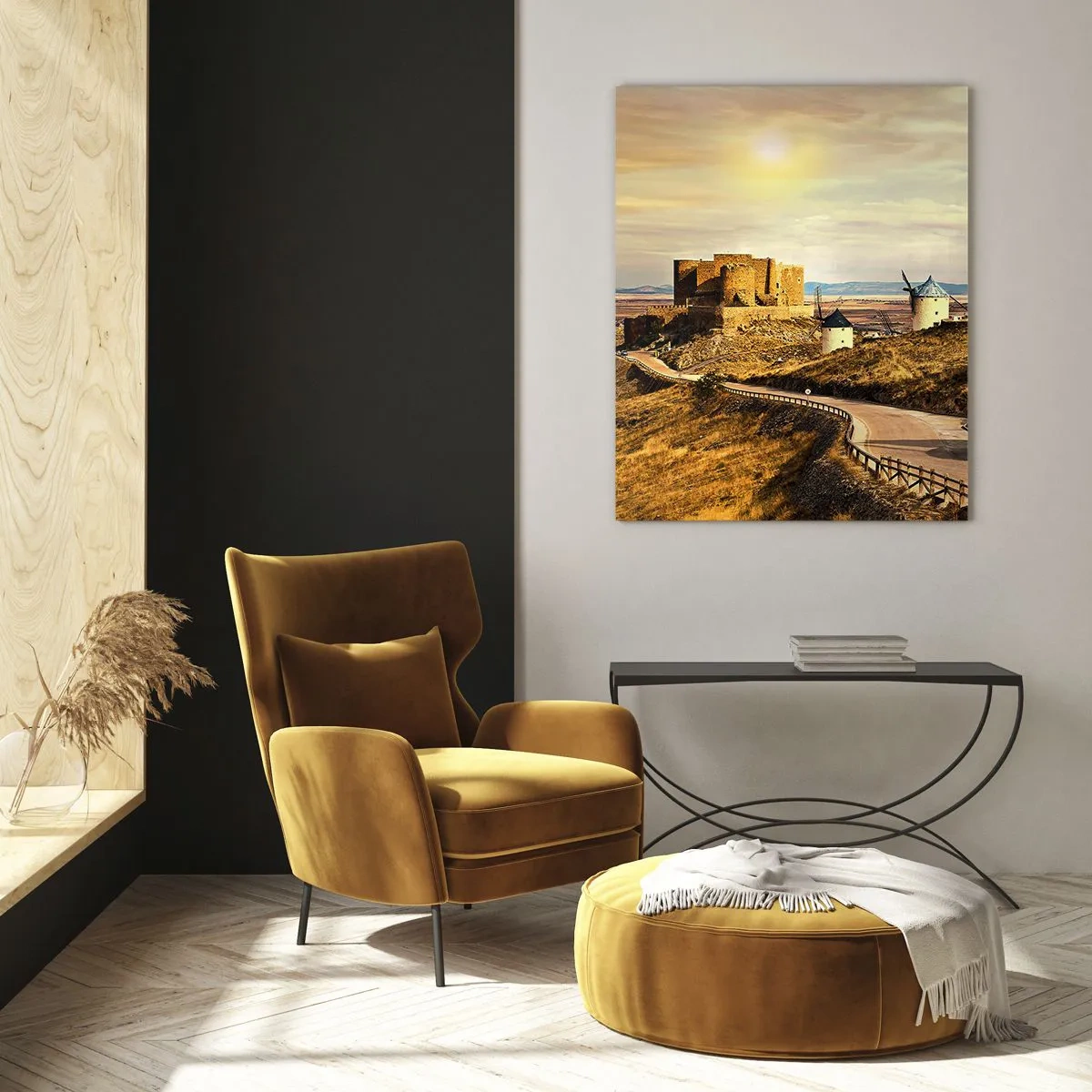 Quadro su vetro - Mulini a vento sulle colline con un castello storico sullo sfondo - 70x100cm - Adesso appare Don Chisciotte - Decorazione murale moderna per soggiorno e camera da letto ARTTOR