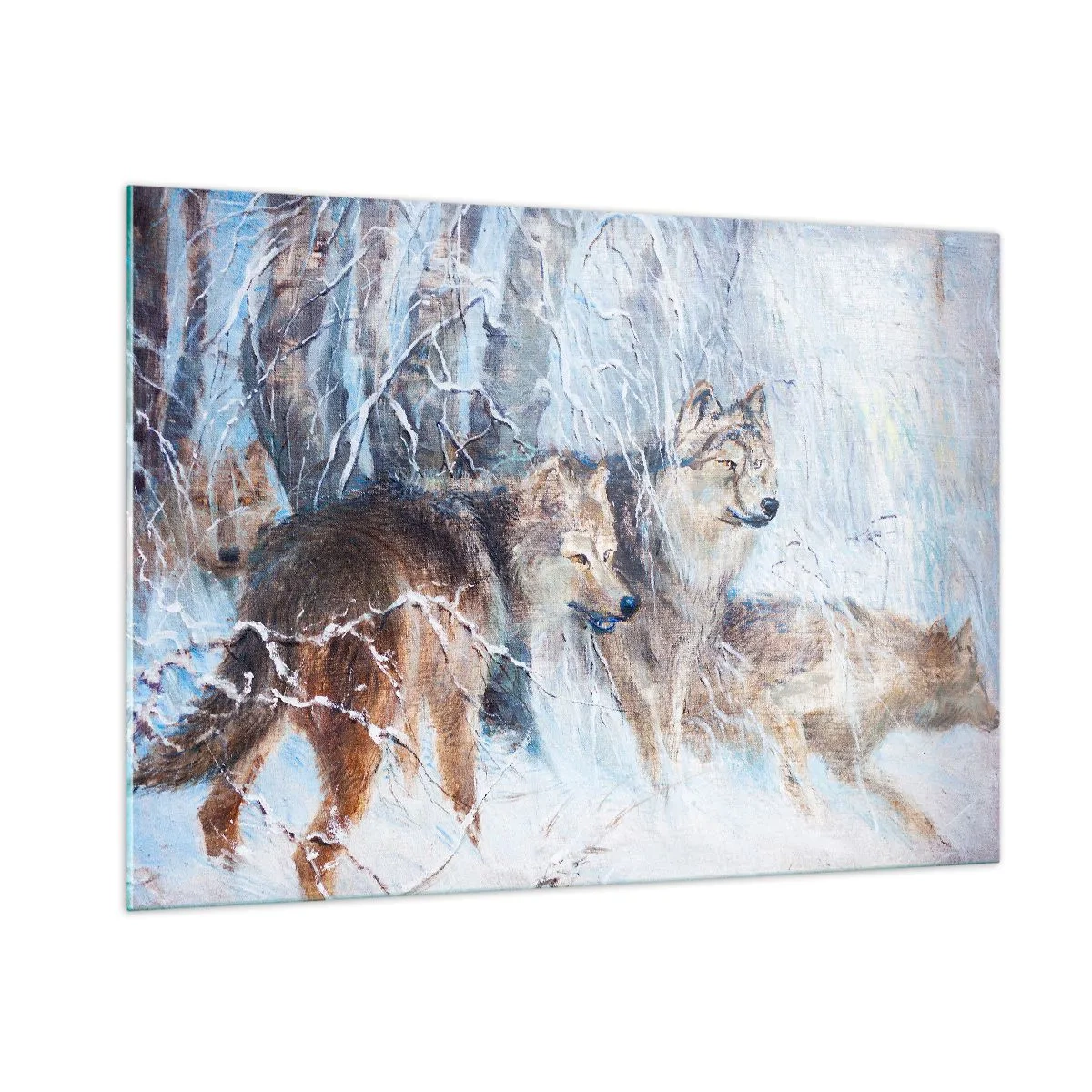 Quadro su vetro - Tre lupi in una foresta invernale circondata dalla neve - 100x70cm - Attenzione! In arrivo... - Decorazione murale moderna per soggiorno e camera da letto ARTTOR