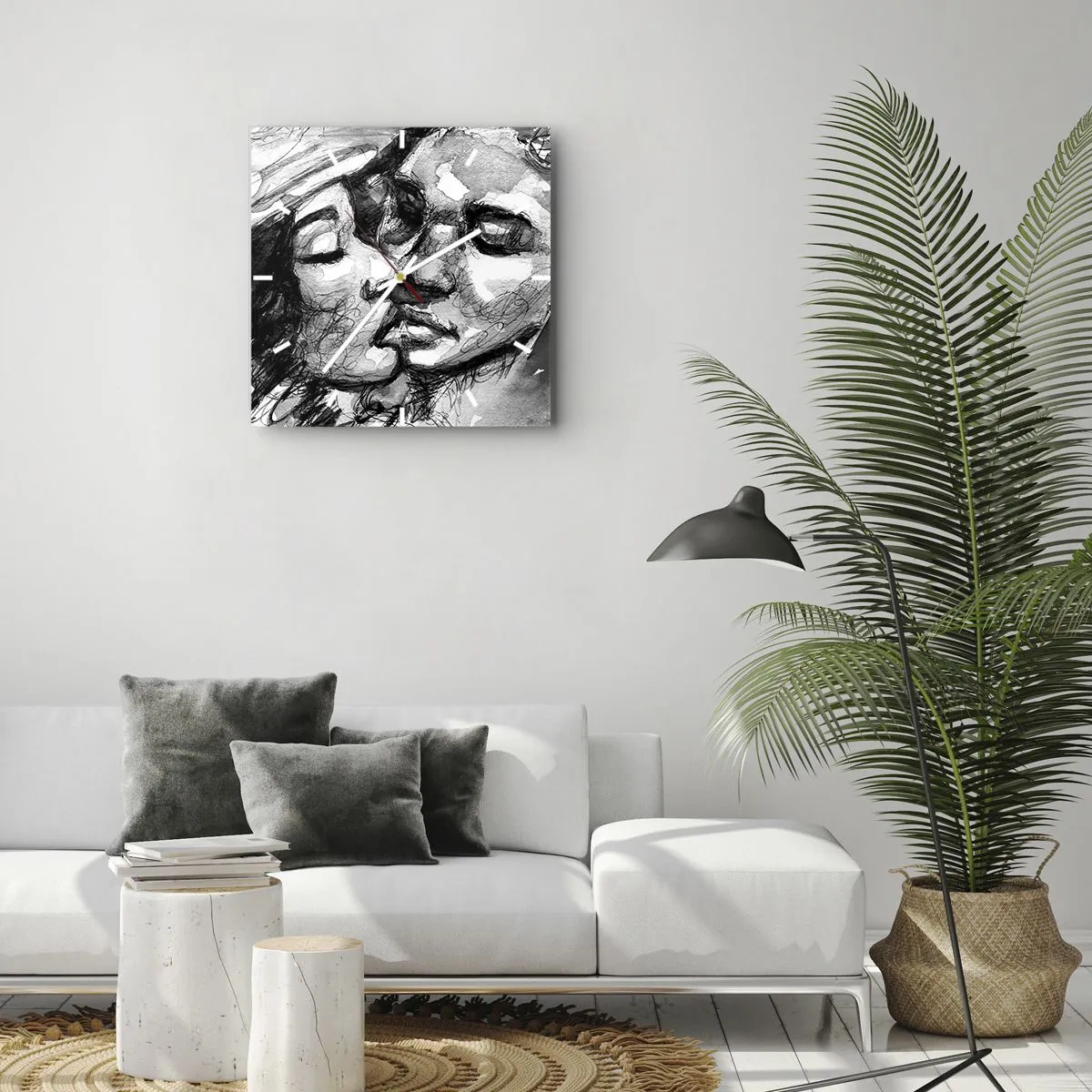 Orologio da parete - Orologio in Vetro - Un acquerello in bianco e nero che raffigura un momento intimo tra due persone. - 30x30cm - Un attimo di tenerezza - Decorazione murale moderna per soggiorno e camera da letto ARTTOR