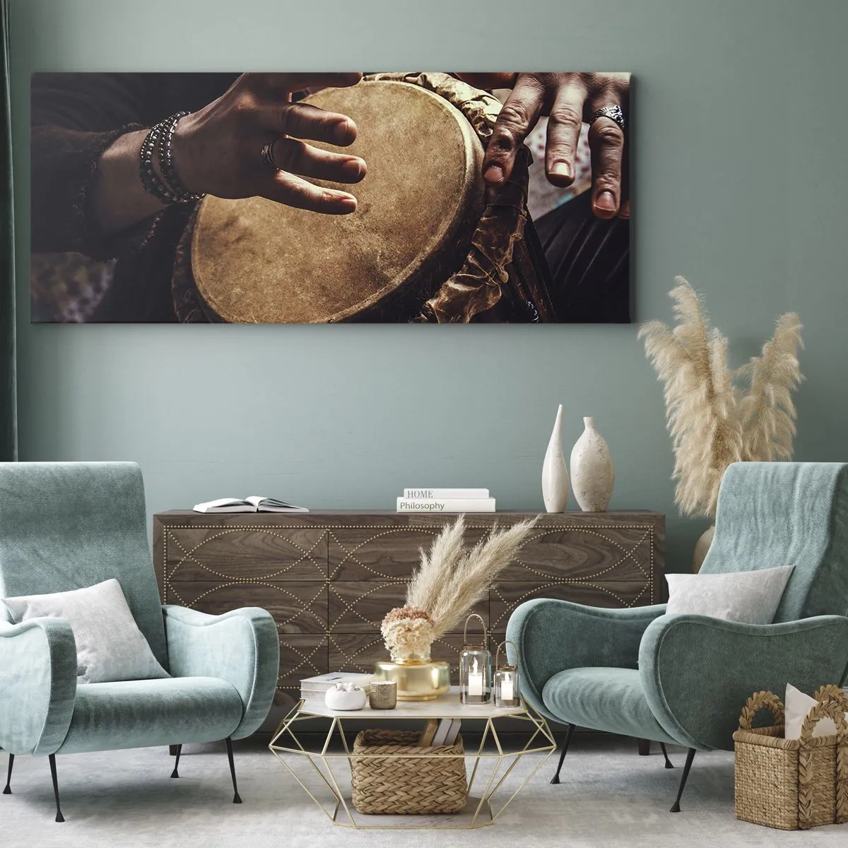 Quadro su tela - Stampe su Tela - Mani che suonano un tamburo djembe tradizionale - 140x50cm - Al ritmo del cuore - Decorazione murale moderna per soggiorno e camera da letto ARTTOR