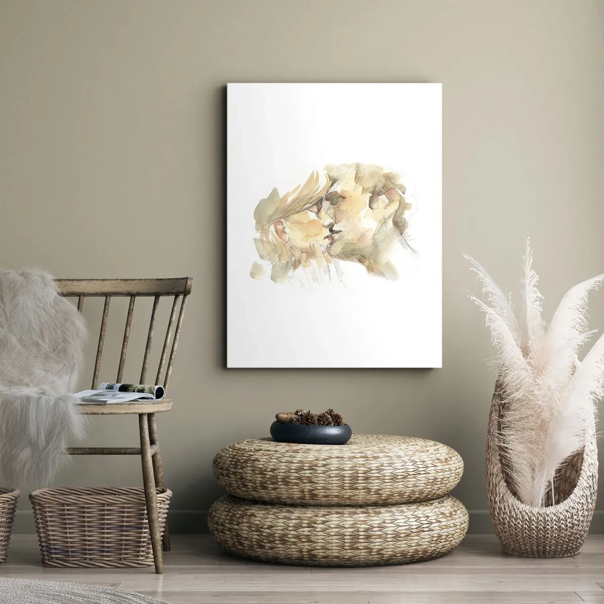 Quadro su tela - Stampe su Tela - Ritratto romantico ad acquerello di una coppia che si bacia - 50x70cm - Sarà l'anima gemella? - Decorazione murale moderna per soggiorno e camera da letto ARTTOR