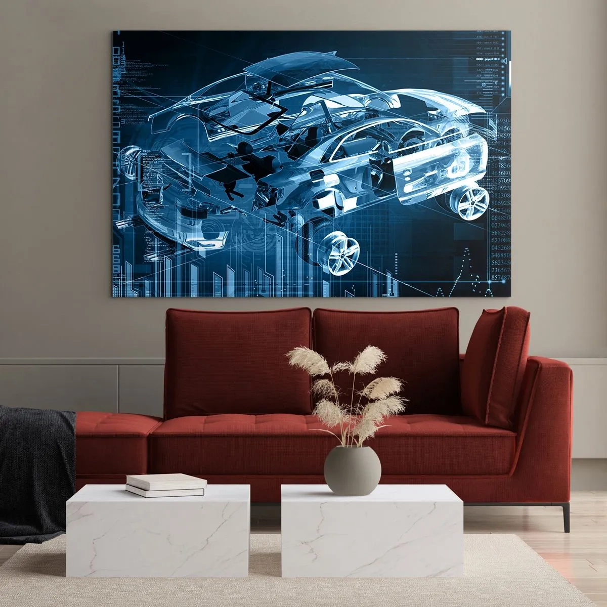 Quadro su vetro - Schema tecnologico di un'auto in stile futuristico - 100x70cm - Anatomia ingegneristica - Decorazione murale moderna per soggiorno e camera da letto ARTTOR