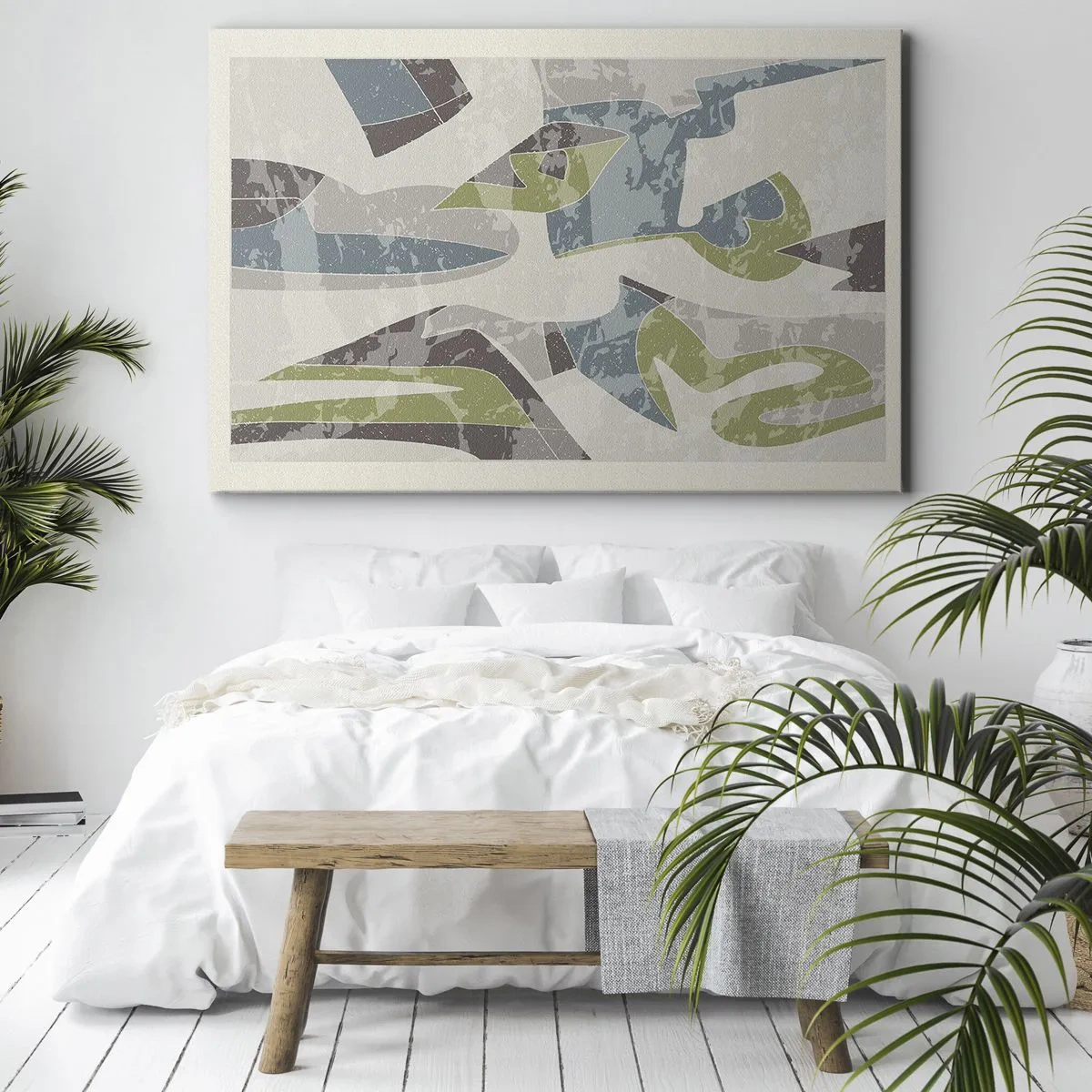Quadro su tela - Stampe su Tela - Forme astratte in verde e blu su uno sfondo chiaro - 120x80cm - Composizione oltre il vetro - Decorazione murale moderna per soggiorno e camera da letto ARTTOR