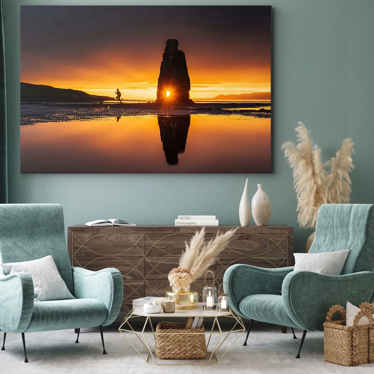 Quadro su tela - Stampe su Tela - Persona che corre sulla spiaggia al tramonto con formazione rocciosa - 70x50cm - Solo tu e la natura - Decorazione murale moderna per soggiorno e camera da letto ARTTOR