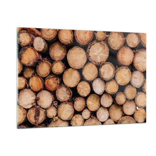 Quadro su vetro - Tronchi d'albero disposti verticalmente con anelli di crescita visibili - 120x80cm - Nuovo inizio - Decorazione murale moderna per soggiorno e camera da letto ARTTOR