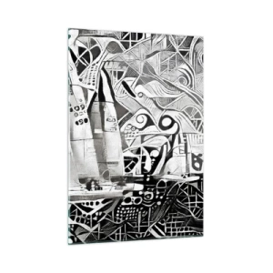 Quadro su vetro - Astrazione in bianco e nero con barche a vela e motivi geometrici - 50x70cm - Tra le onde - Decorazione murale moderna per soggiorno e camera da letto ARTTOR