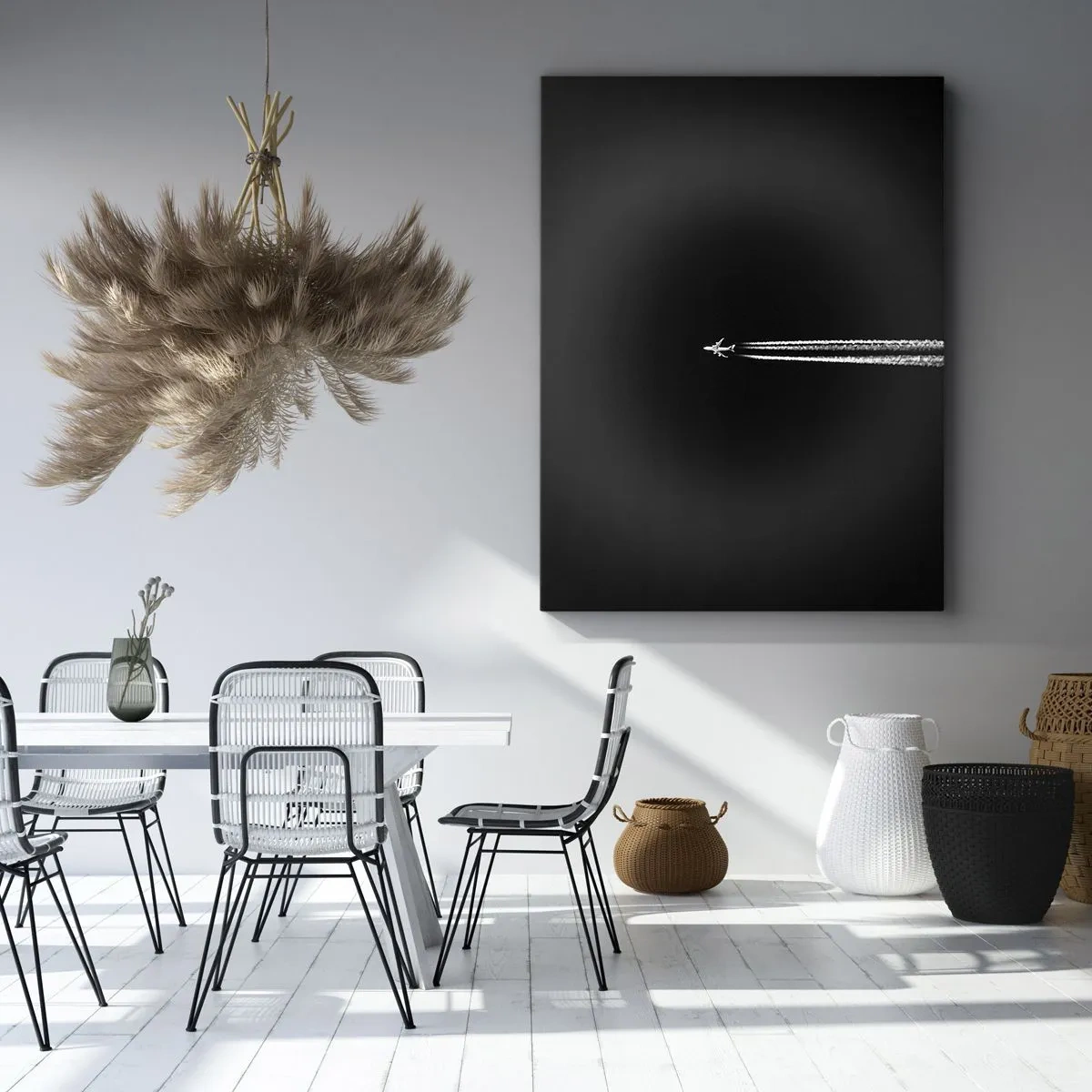 Quadro su tela - Stampe su Tela - Un aereo a reazione con una scia di condensazione visibile su uno sfondo nero - 50x70cm - In un'altra dimensione - Decorazione murale moderna per soggiorno e camera da letto ARTTOR
