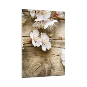 Quadro su vetro - Rami di ciliegi in fiore su uno sfondo di legno - 50x70cm - Ed è giunta la primavera - Decorazione murale moderna per soggiorno e camera da letto ARTTOR
