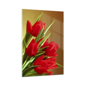 Quadro su vetro - Un bouquet di tulipani rossi su uno sfondo dorato con foglie verdi. - 80x120cm - Un mazzo di gioia primaverile - Decorazione murale moderna per soggiorno e camera da letto ARTTOR