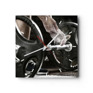 Orologio da parete - Orologio in Vetro - Manubri e mani di un atleta che si preparano per l'allenamento - 30x30cm - Sfida accettata! - Decorazione murale moderna per soggiorno e camera da letto ARTTOR