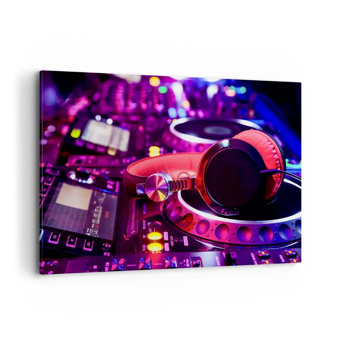 Quadro su tela - Stampe su Tela - Cuffie da DJ su una console con illuminazione al neon - 100x70cm - Prima che inizi la festa - Decorazione murale moderna per soggiorno e camera da letto ARTTOR