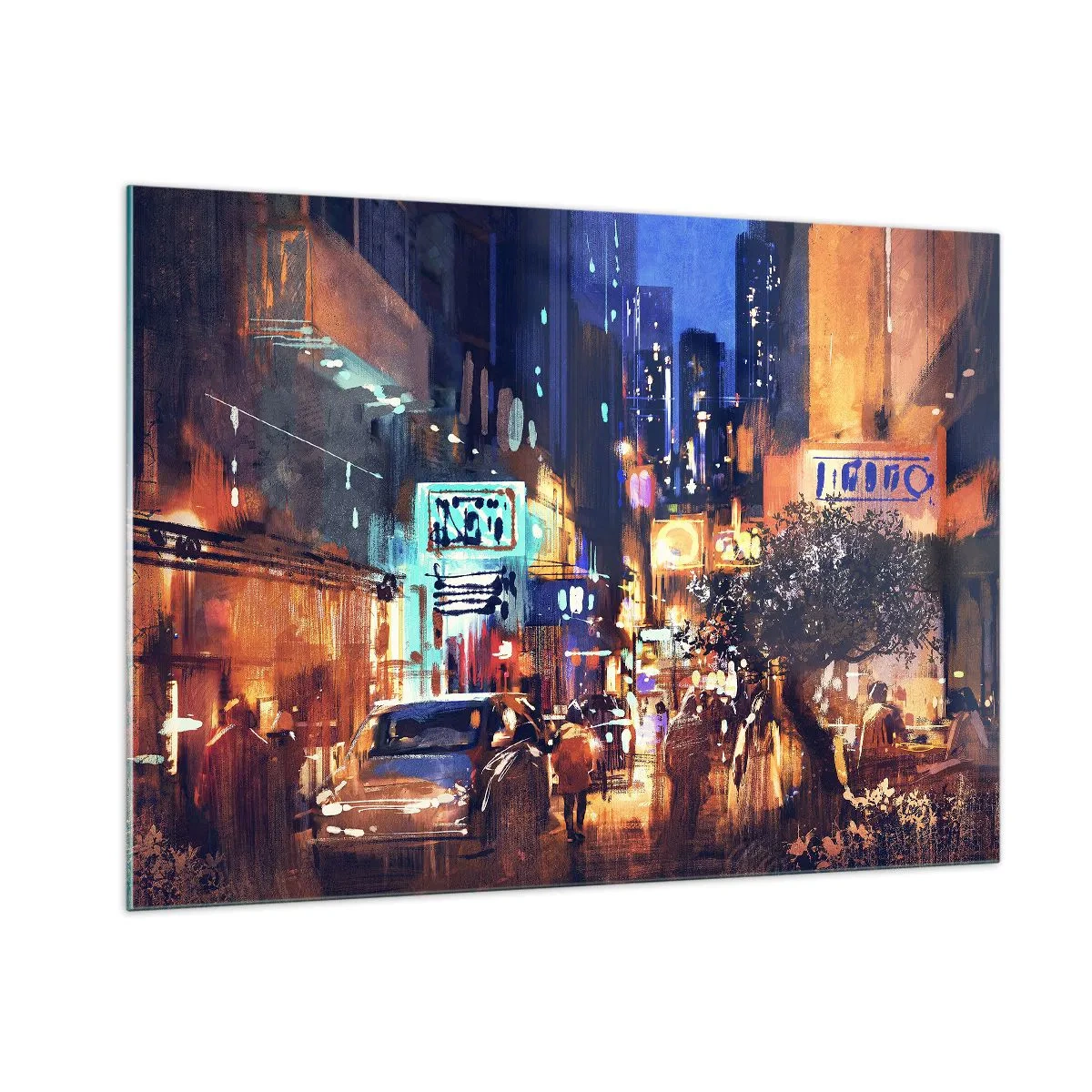 Quadro su vetro - Pittoresca scena notturna della città con luci al neon e traffico stradale - 100x70cm - Ma la città non dorme - Decorazione murale moderna per soggiorno e camera da letto ARTTOR