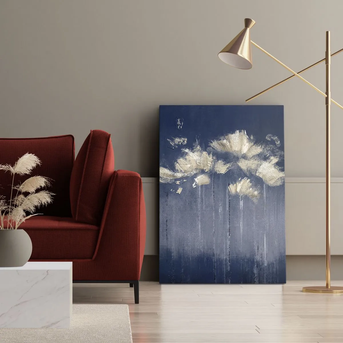 Quadro su tela - Stampe su Tela - Delicati fiori su sfondo blu - 50x70cm - Come petali al vento - Decorazione murale moderna per soggiorno e camera da letto ARTTOR