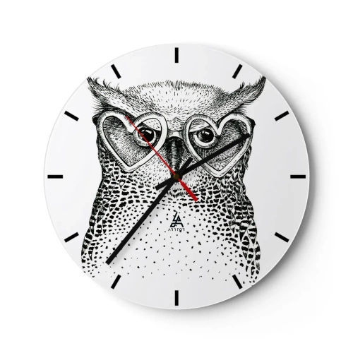 Orologio da parete - Orologio in Vetro - Gufo con occhiali a forma di cuore su sfondo bianco - 30x30cm - Saggiamente e con amore - Decorazione murale moderna per soggiorno, cucina e camera da letto ARTTOR