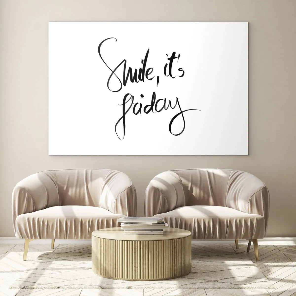 Quadro su vetro - Citazione "Sorridi, è venerdì" in calligrafia - 70x50cm - Vera gioia - Decorazione murale moderna per soggiorno e camera da letto ARTTOR
