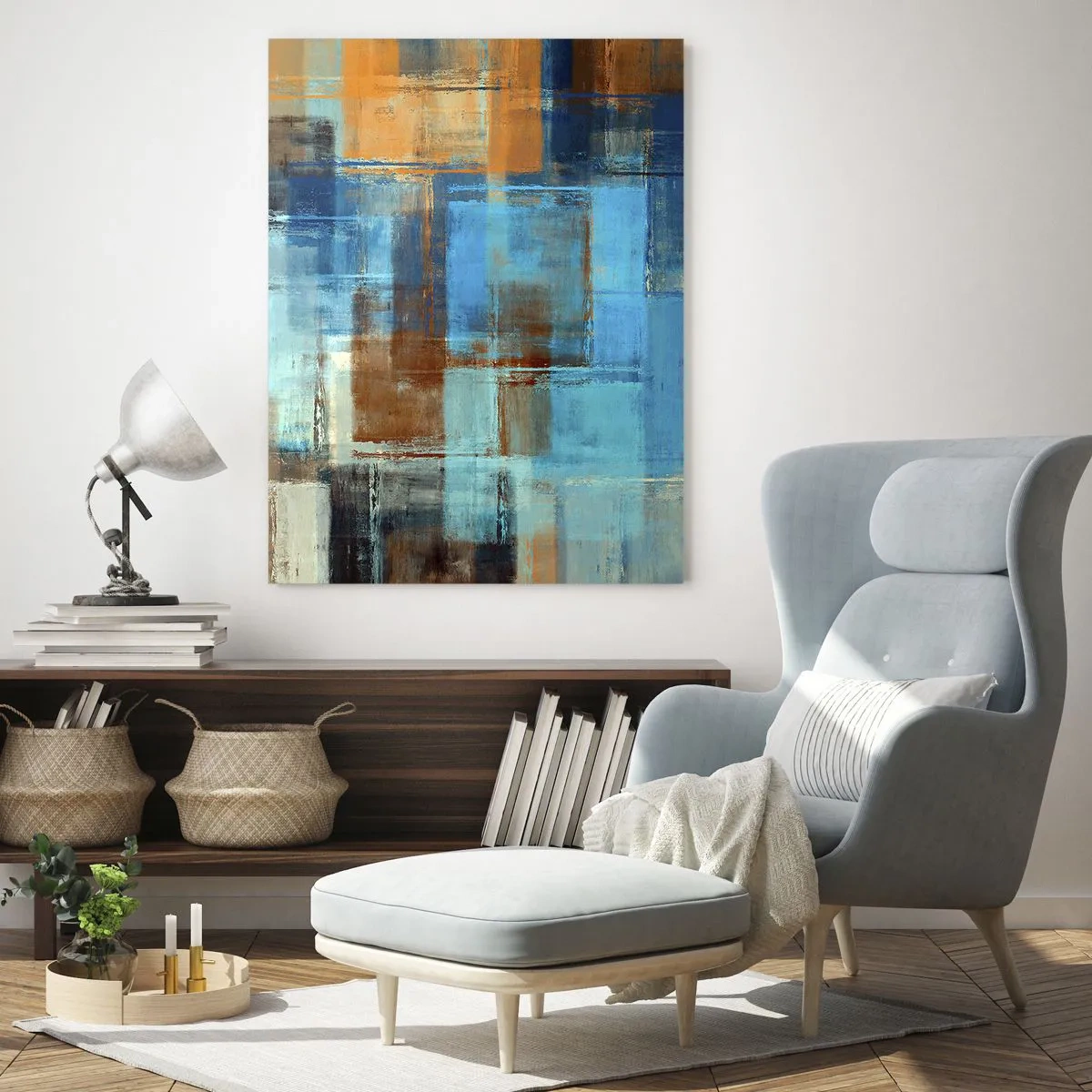 Quadro su vetro - Composizione geometrica astratta nei toni del blu e del marrone - 70x100cm - Attraverso la tenda blu - Decorazione murale moderna per soggiorno e camera da letto ARTTOR