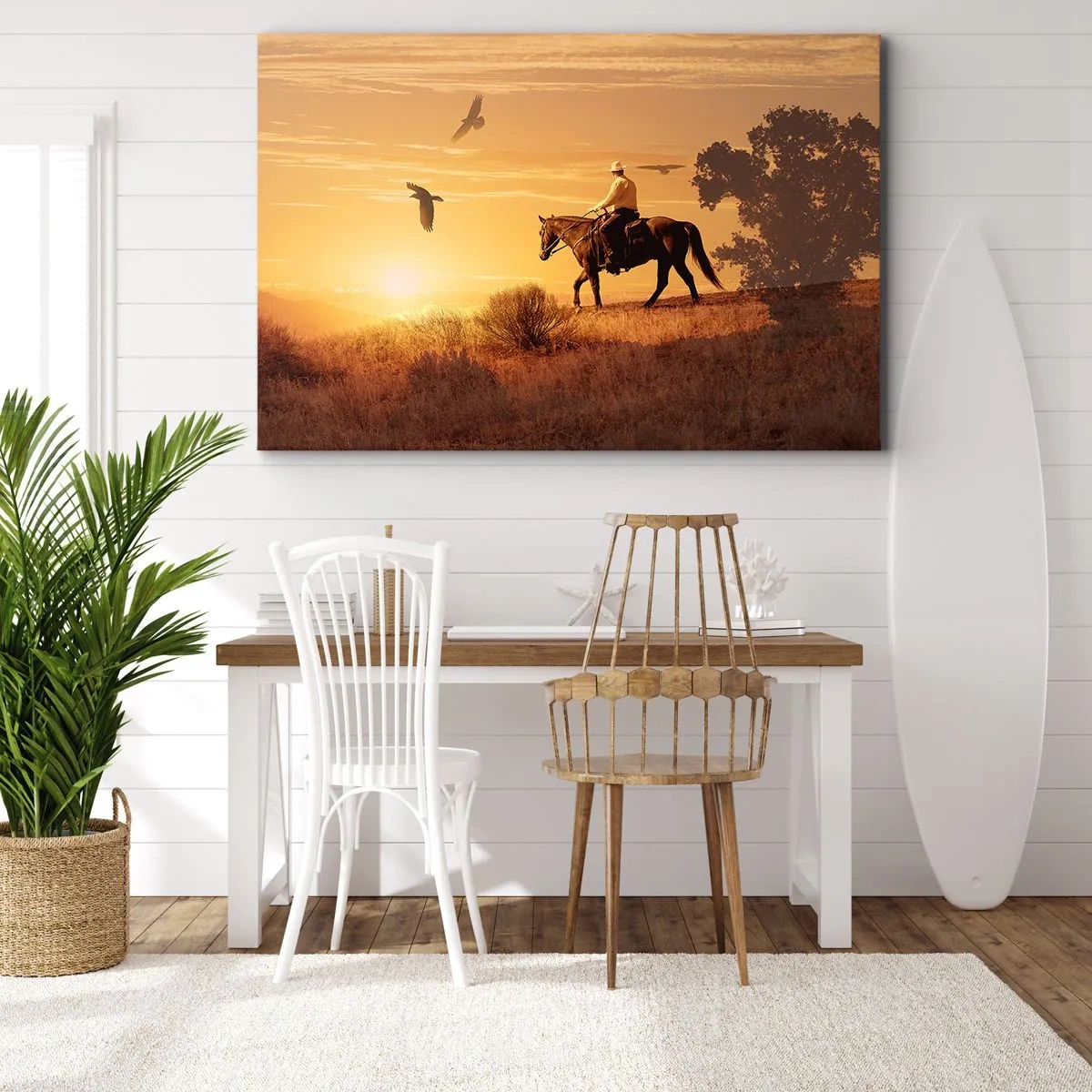 Quadro su tela - Stampe su Tela - Un cavaliere a cavallo al tramonto sullo sfondo della prateria - 70x50cm - Da solo nella prateria - Decorazione murale moderna per soggiorno e camera da letto ARTTOR