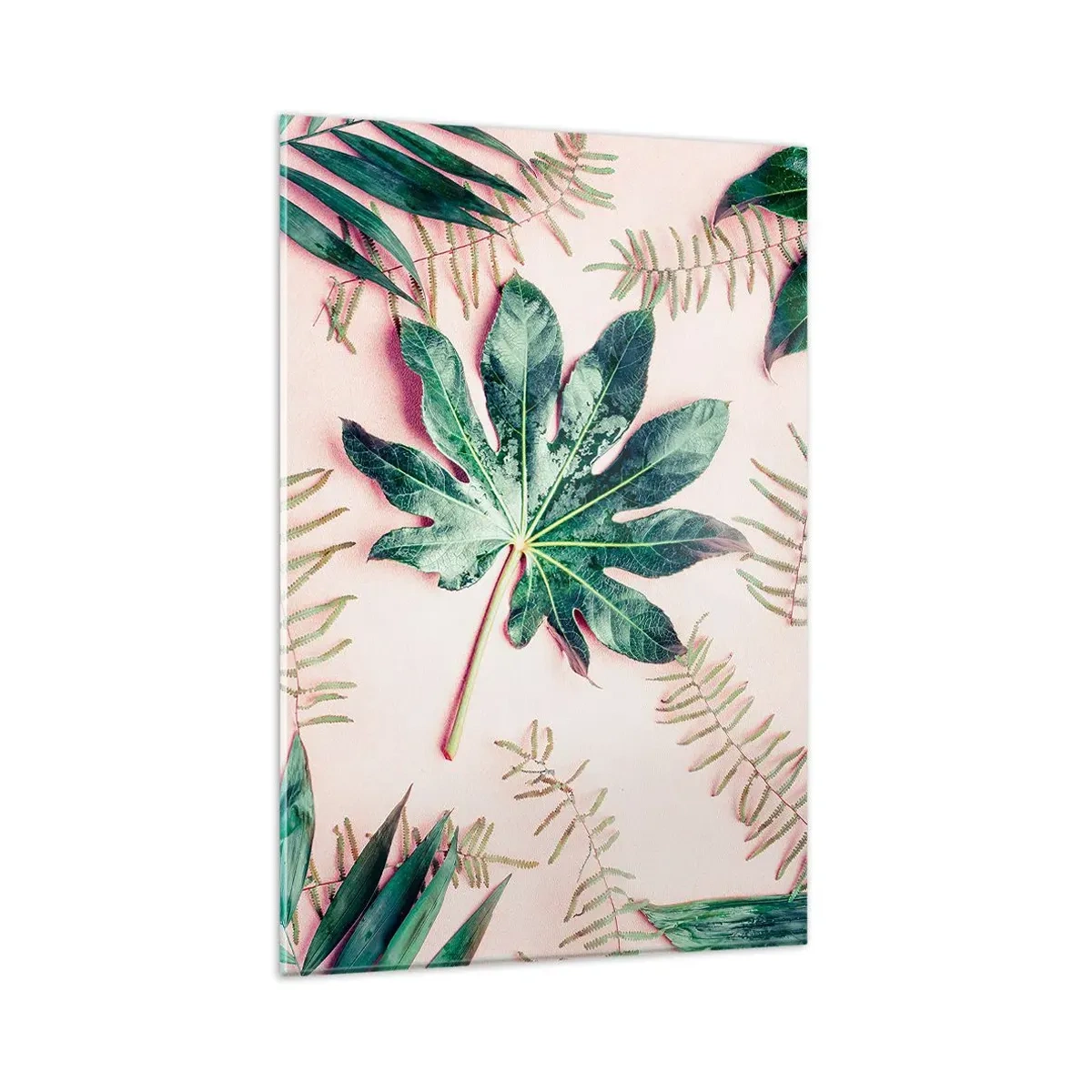 Quadro su vetro - Foglie tropicali su uno sfondo pastello chiaro - 80x120cm - Studio di verde su sfondo rosa - Decorazione murale moderna per soggiorno e camera da letto ARTTOR