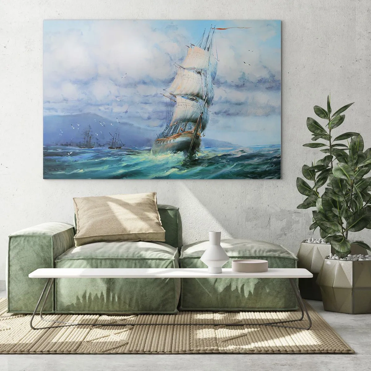 Quadro su vetro - Una nave con le vele che naviga su un mare in tempesta sotto un cielo nuvoloso - 120x80cm - Con il vento in favore - Decorazione murale moderna per soggiorno e camera da letto ARTTOR