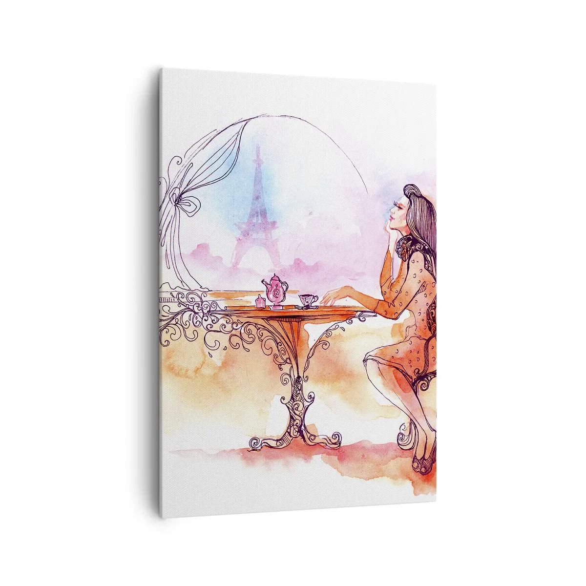 Quadro su tela - Stampe su Tela - Acquerello romantico di una donna in un caffè con vista su una torre - 70x100cm - Chic parigino - Decorazione murale moderna per soggiorno e camera da letto ARTTOR