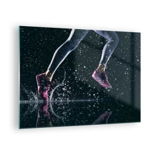 Quadro su vetro - Correre nell'acqua con scarpe sportive su uno sfondo scuro - 70x50cm - Quanta forza nelle gambe - Decorazione murale moderna per soggiorno e camera da letto ARTTOR