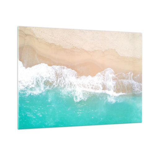 Quadro su vetro - Vista aerea della spiaggia con acqua turchese e onde bianche - 100x70cm - Un tocco carezzevole - Decorazione murale moderna per soggiorno e camera da letto ARTTOR