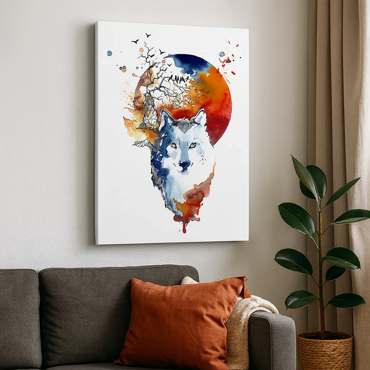 Quadro su tela - Stampe su Tela - Dipinto astratto ad acquerello di un lupo contro una luna rossa - 50x70cm - Naso a naso con la notte - Decorazione murale moderna per soggiorno e camera da letto ARTTOR