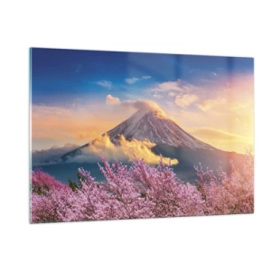 Quadro su vetro - Il monte Fuji sullo sfondo con alberi di ciliegio in fiore in primo piano - 120x80cm - Sacralità giapponese - Decorazione murale moderna per soggiorno e camera da letto ARTTOR