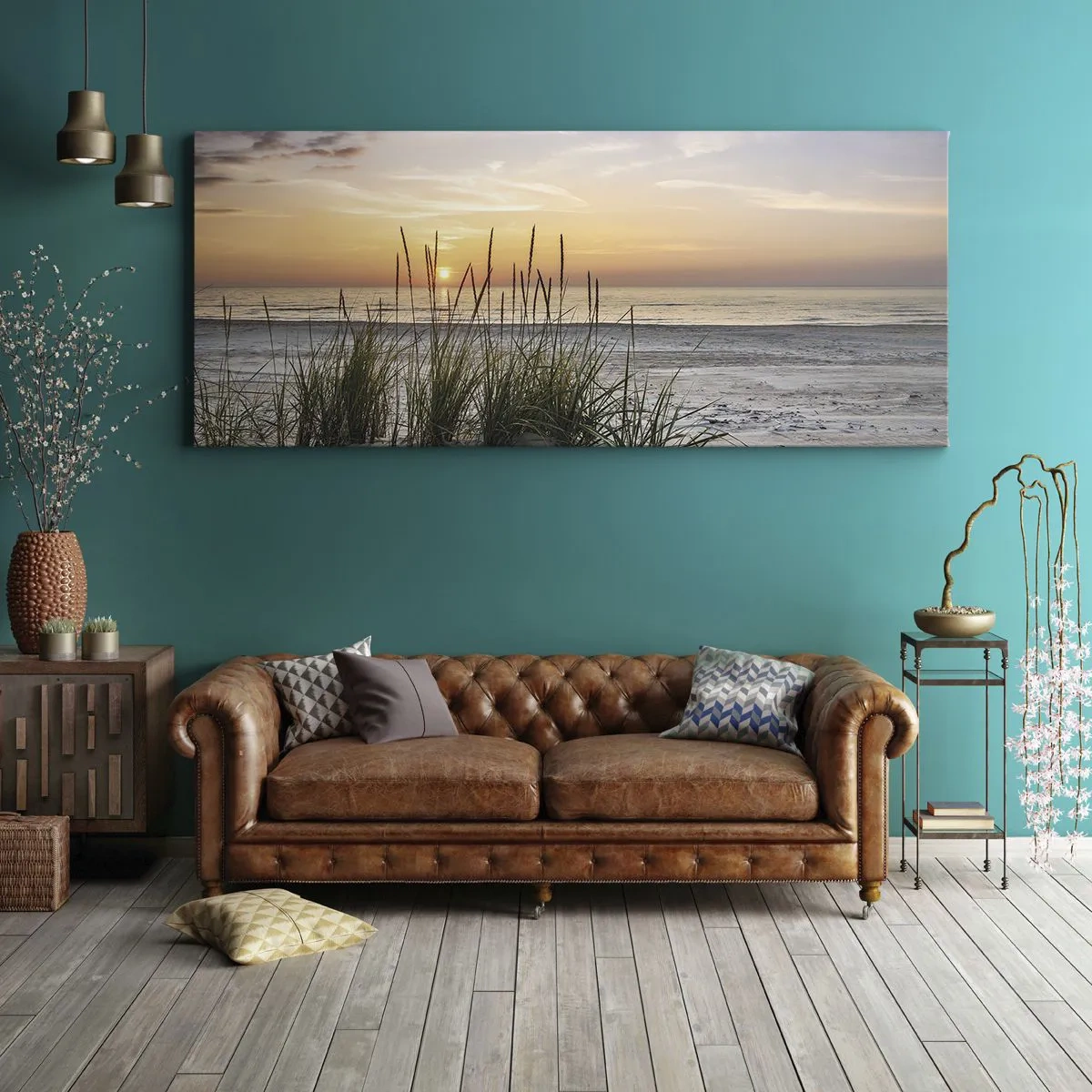 Quadro su tela - Stampe su Tela - Una spiaggia sabbiosa al tramonto con l'erba sullo sfondo - 140x50cm - Guarda, pensa, senti - Decorazione murale moderna per soggiorno e camera da letto ARTTOR