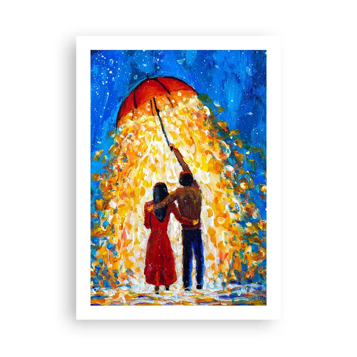 Poster - Una coppia romantica sotto un ombrello pieno di luce - 50x70cm - La magia di una sera piovosa? - Decorazione murale moderna per soggiorno e camera da letto ARTTOR