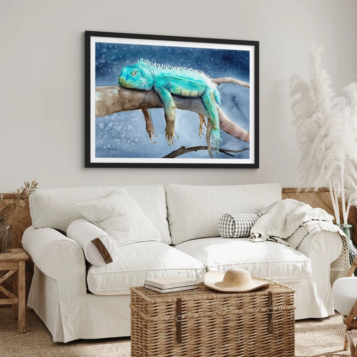 Poster in cornice nera - Iguana blu che riposa su un ramo - 70x50cm - Va tutto bene! - Decorazione murale moderna per soggiorno e camera da letto ARTTOR