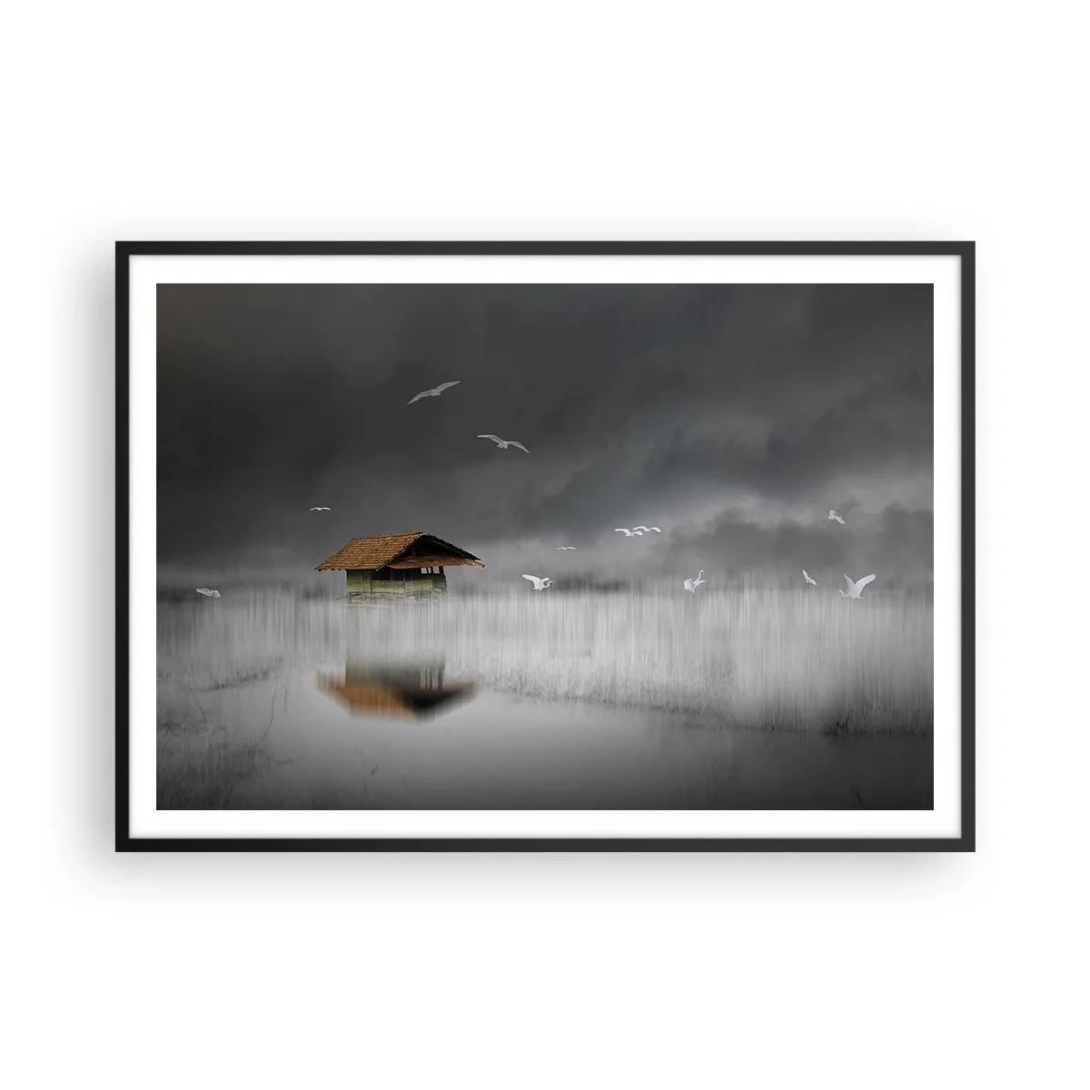 Poster in cornice nera - Un cottage solitario sull'acqua circondato da nebbia e uccelli - 100x70cm - Riparo dalla pioggia - Decorazione murale moderna per soggiorno e camera da letto ARTTOR
