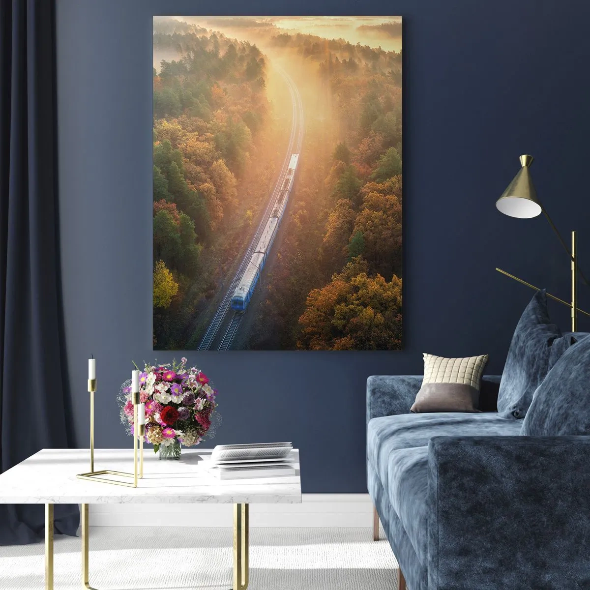 Quadro su vetro - Un treno in una foresta autunnale all'alba - 80x120cm - Viaggio autunnale - Decorazione murale moderna per soggiorno e camera da letto ARTTOR