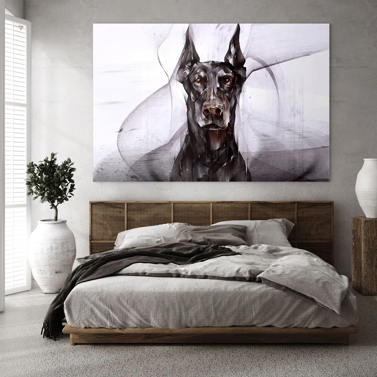 Quadro su vetro - Ritratto di un cane nero in stile astratto su uno sfondo chiaro - 100x70cm - Nobili natali - Decorazione murale moderna per soggiorno e camera da letto ARTTOR