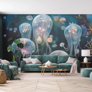 Fotomurali Premium Canvas - Delicate meduse nel mondo sottomarino - 100x70cm - Danza sottomarina - Decorazione murale moderna per soggiorno e camera da letto ARTTOR