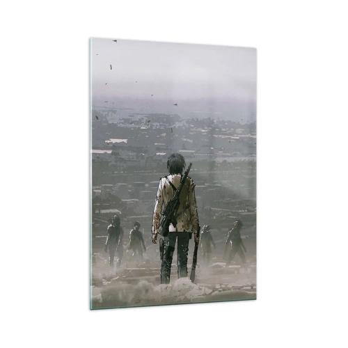 Quadro su vetro - Una figura con una pistola è in piedi di fronte a un gruppo in un paesaggio distopico. - 70x100cm - L'ultimo dei giusti? - Decorazione murale moderna per soggiorno e camera da letto ARTTOR