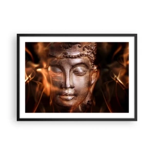 Poster in cornice nera - Una statua del Buddha tra fiamme dai riflessi dorati - 70x50cm - Esiste solo qui e ora - Decorazione murale moderna per soggiorno e camera da letto ARTTOR