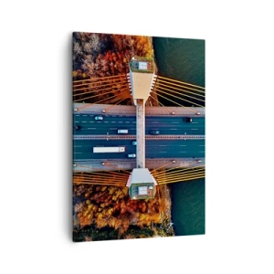 Quadro su tela - Stampe su Tela - Vista aerea del ponte sul fiume e del paesaggio autunnale - 50x70cm - Oltre il fiume, oltre il bosco - Decorazione murale moderna per soggiorno e camera da letto ARTTOR