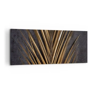 Quadro su tela - Stampe su Tela - Foglia tropicale dorata su sfondo nero - 120x50cm - L'oro dei tropici - Decorazione murale moderna per soggiorno e camera da letto ARTTOR
