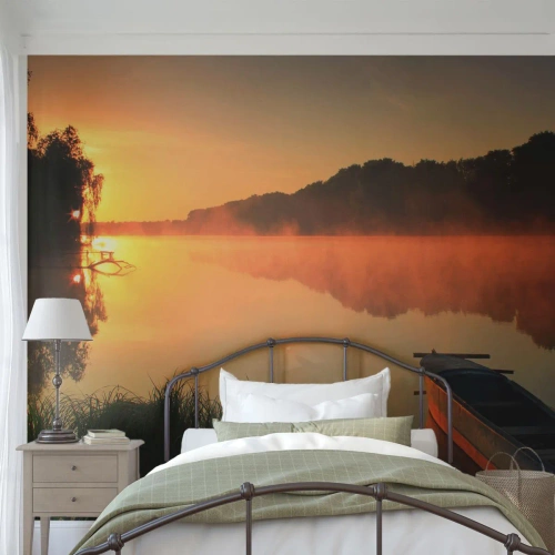 Fotomurali Standard Eco - Alba sull'acqua, come uno specchio - Paesaggio, Lago, Mattina - 350x256 cm