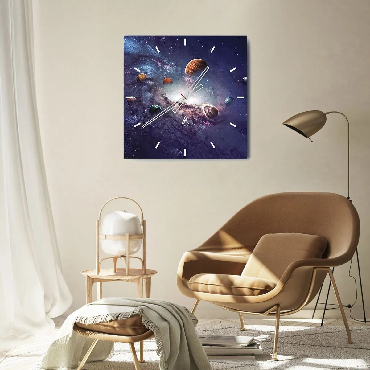 Orologio da parete - Orologio in Vetro - Pianeti in una galassia con una nebulosa sullo sfondo - 30x30cm - Sistema solare danzante - Decorazione murale moderna per soggiorno e camera da letto ARTTOR
