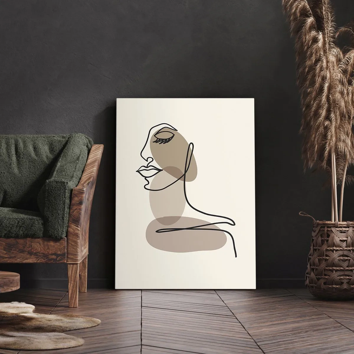 Quadro su tela - Stampe su Tela - Volto di donna minimalista con macchie astratte - 50x70cm - Ascoltando se stessa - Decorazione murale moderna per soggiorno e camera da letto ARTTOR