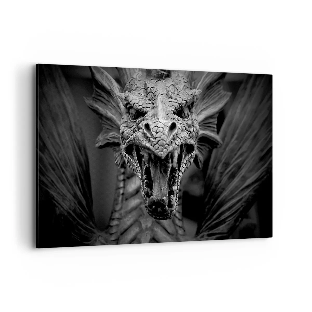 Quadro su tela - Stampe su Tela - Una minacciosa testa di drago in bianco e nero con dettagli espressivi. - 120x80cm - Drago favoloso in grigio - Decorazione murale moderna per soggiorno e camera da letto ARTTOR