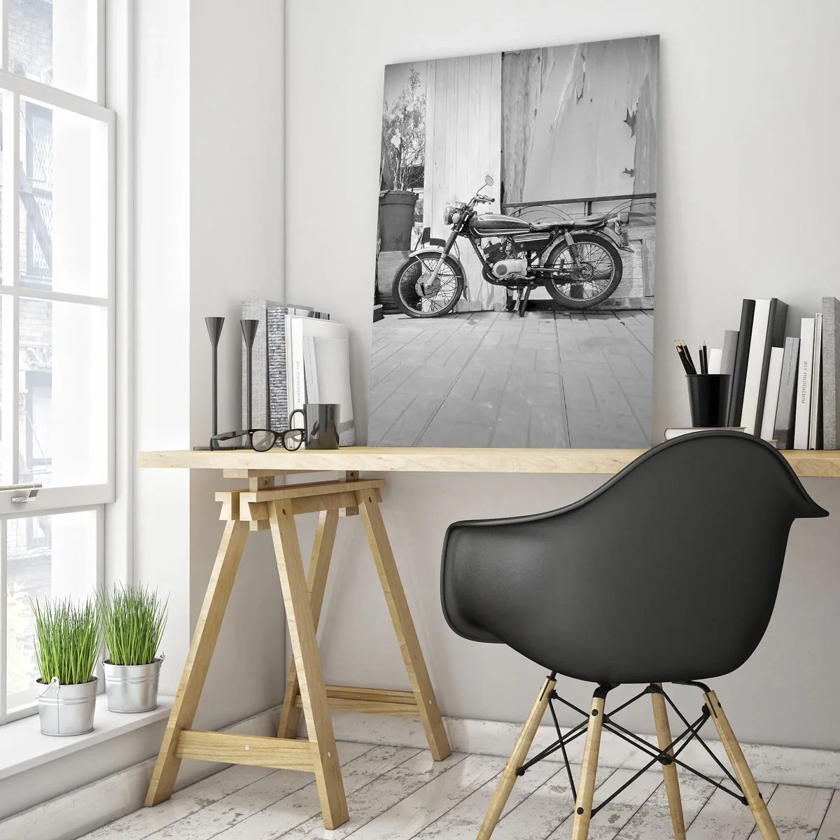 Quadro su vetro - Foto in bianco e nero di una motocicletta classica - 80x120cm - La classicità sopra a tutto - Decorazione murale moderna per soggiorno e camera da letto ARTTOR