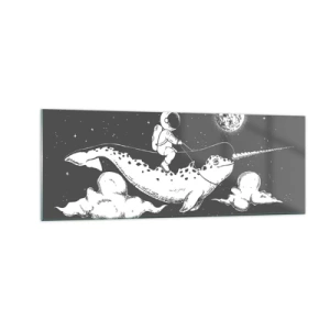 Quadro su vetro - Un astronauta sul dorso di un narvalo che fluttua in una scena spaziale. - 140x50cm - Il cavaliere dello spazio - Decorazione murale moderna per soggiorno e camera da letto ARTTOR